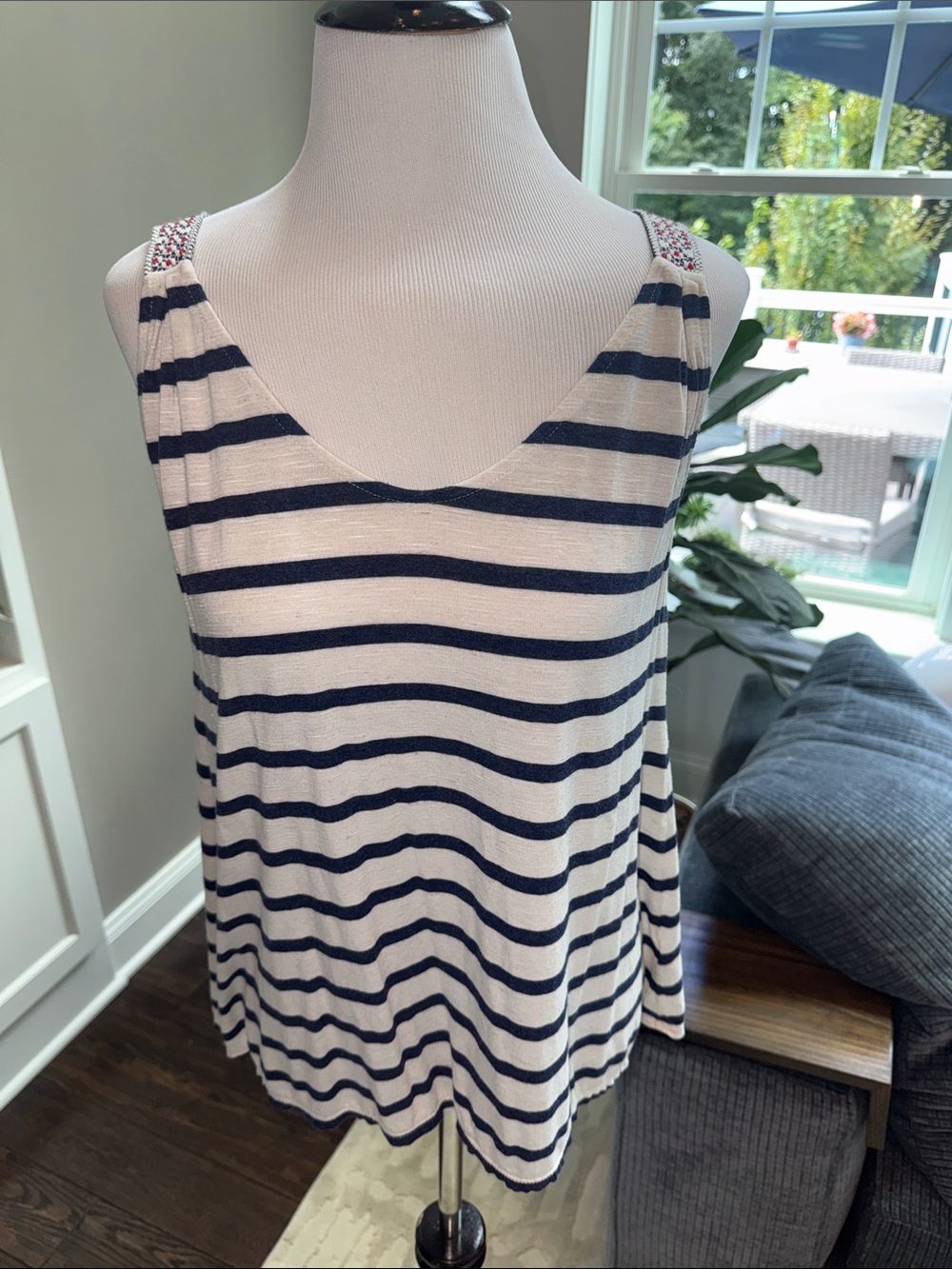 Max Studio Navy and White Striped Tank with Embellished Straps